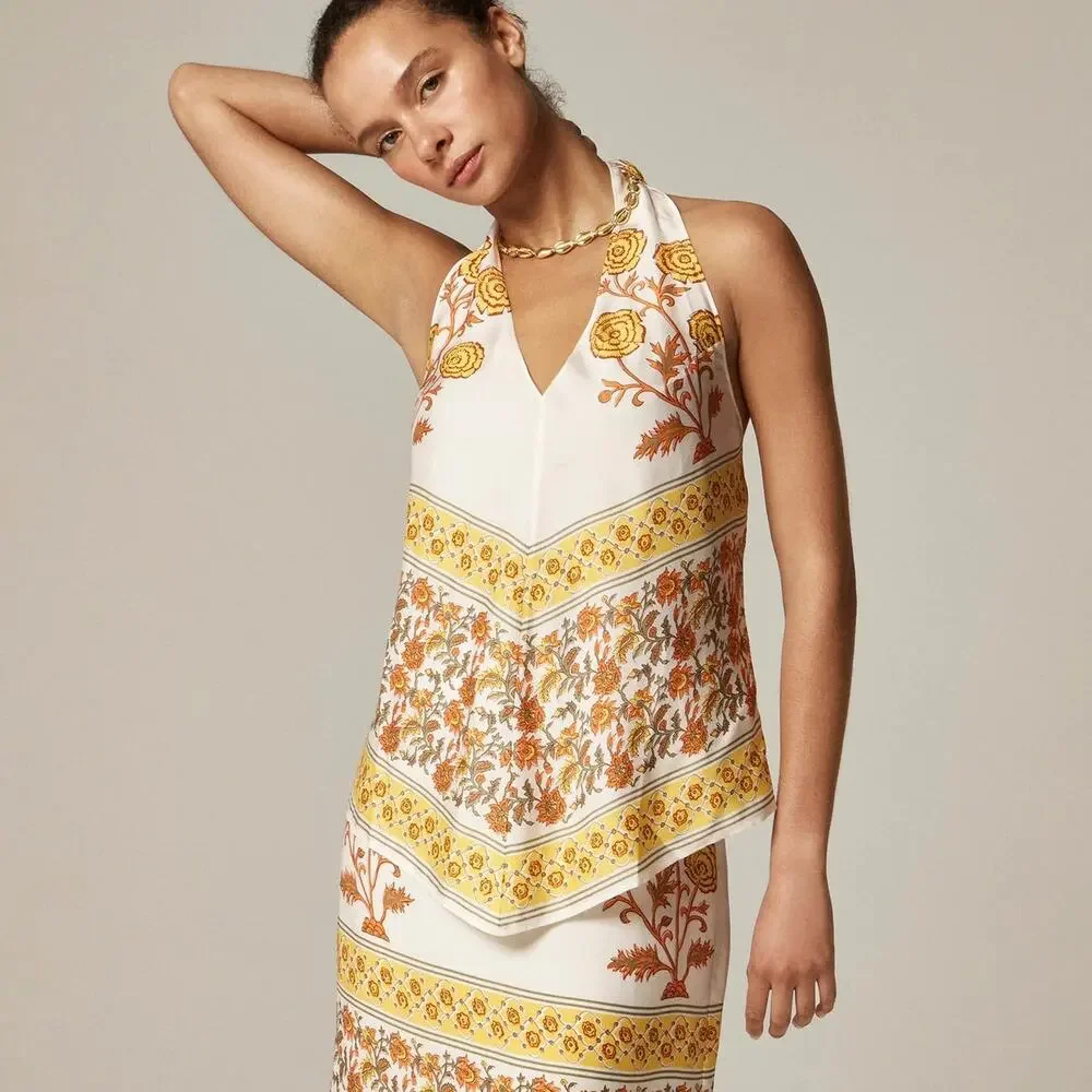 J.Crew Open Back Halter Top Sunset Rose Block Print Pristine Size XXS NWT
